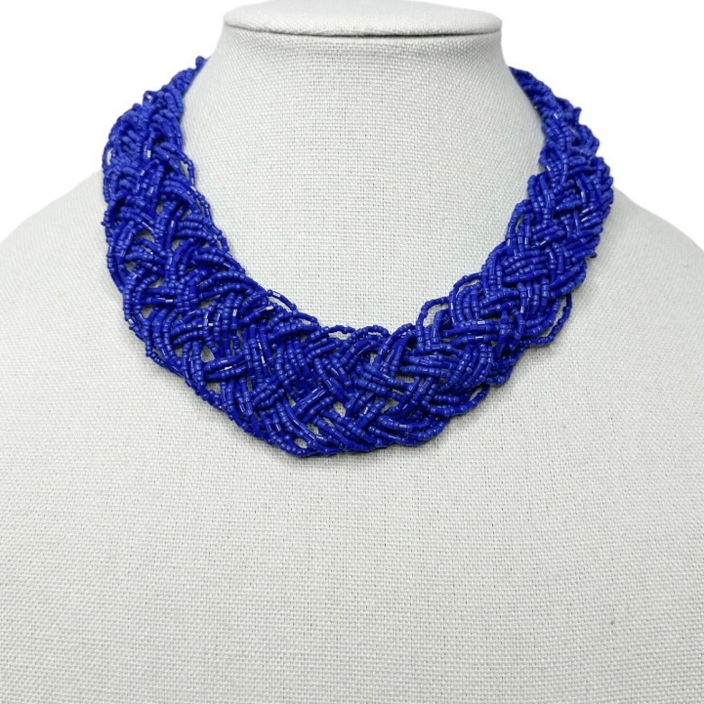 Braided Seed Bead Statement Necklace Blue
